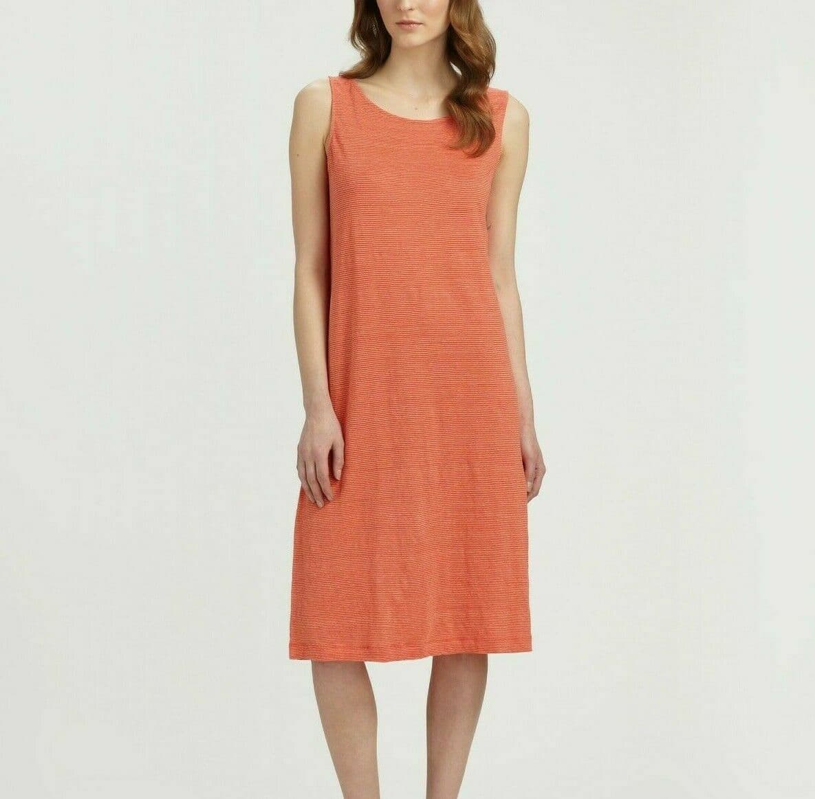 EILEEN FISHER 100% Linen Tunic Shift Dress Sleeveless Pinstripe Orange Women XS - Thumbnail 5