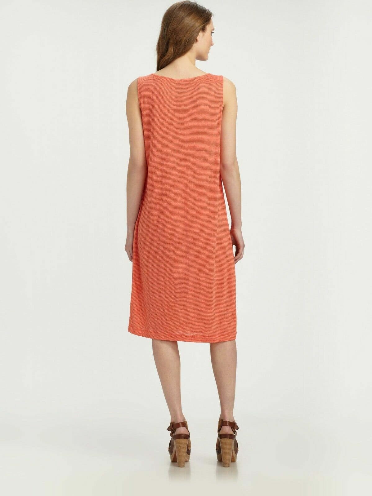 EILEEN FISHER 100% Linen Tunic Shift Dress Sleeveless Pinstripe Orange Women XS - Thumbnail 6