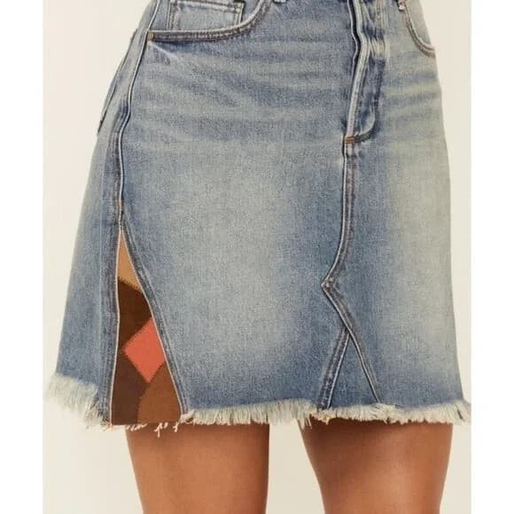 NWT Drifwood Steph Denim Suede Mini Skirt Button-Fly Raw Hem Blue Womens 25 $118 - Thumbnail 4