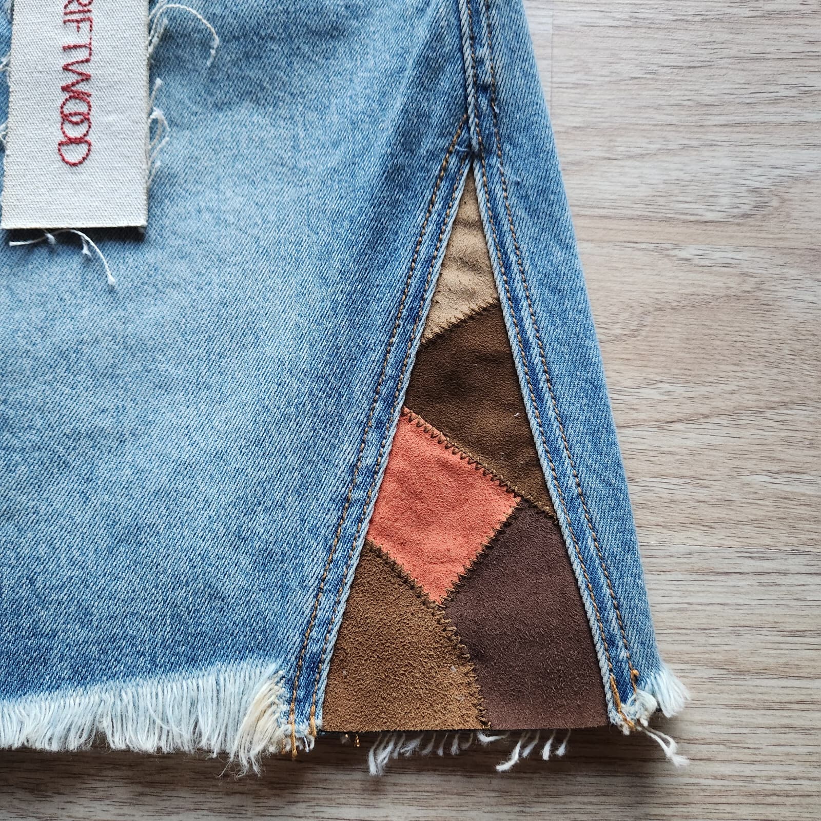 NWT Drifwood Steph Denim Suede Mini Skirt Button-Fly Raw Hem Blue Womens 25 $118 - Thumbnail 6
