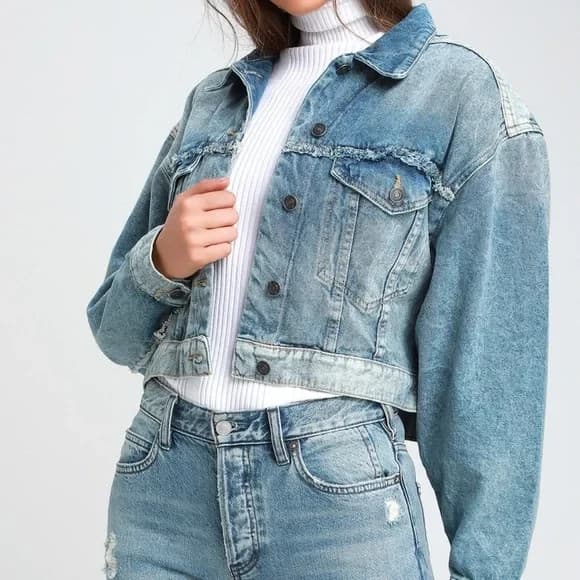 Free People Bedford Cropped Denim Jacket Distressed Medium Wash Cotton Women's S - Thumbnail 5