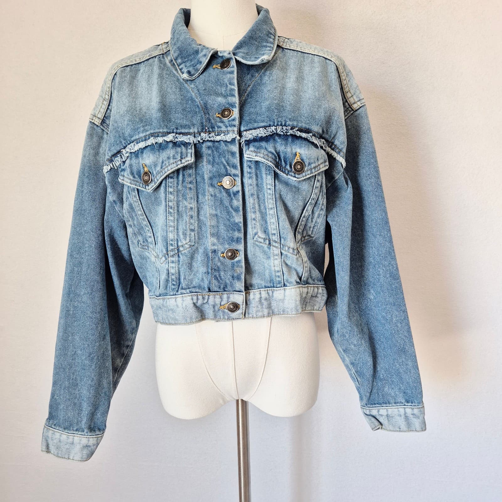 Free People Bedford Cropped Denim Jacket Distressed Medium Wash Cotton Women's S - Thumbnail 3