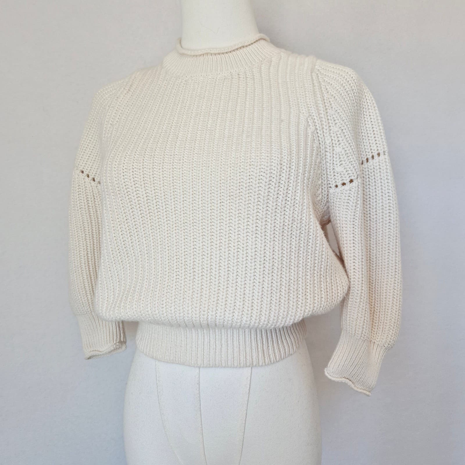 FRAME Cotton Cashmere Chunky Knit Sweater 3/4 Sleeve Off White Women's XXS - Thumbnail 2