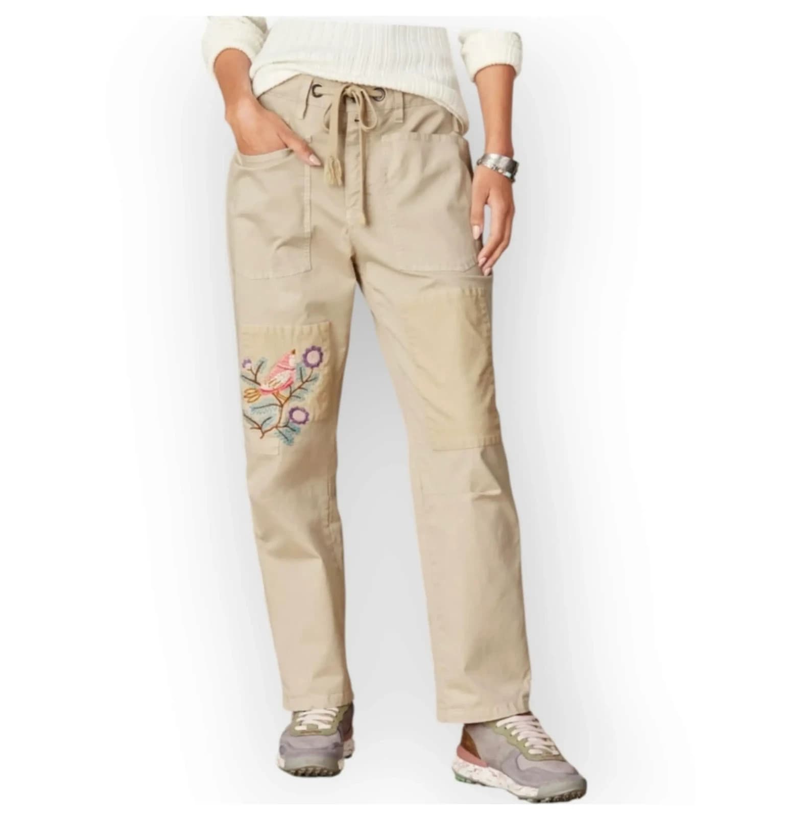 Sundance Bird Embroidered Straight Ankle Pants Zip Drawstring Beige Women's 2 - Thumbnail 3