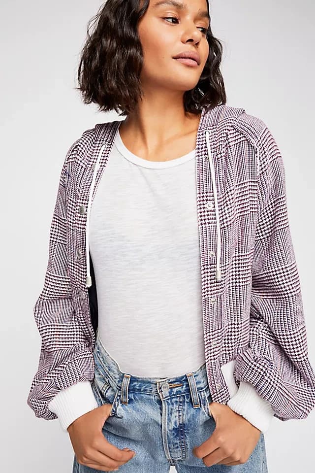Free People Fabian Plaid Hoodie Bomber Jacket Snap Pocket Purple White Womens XS - Thumbnail 3