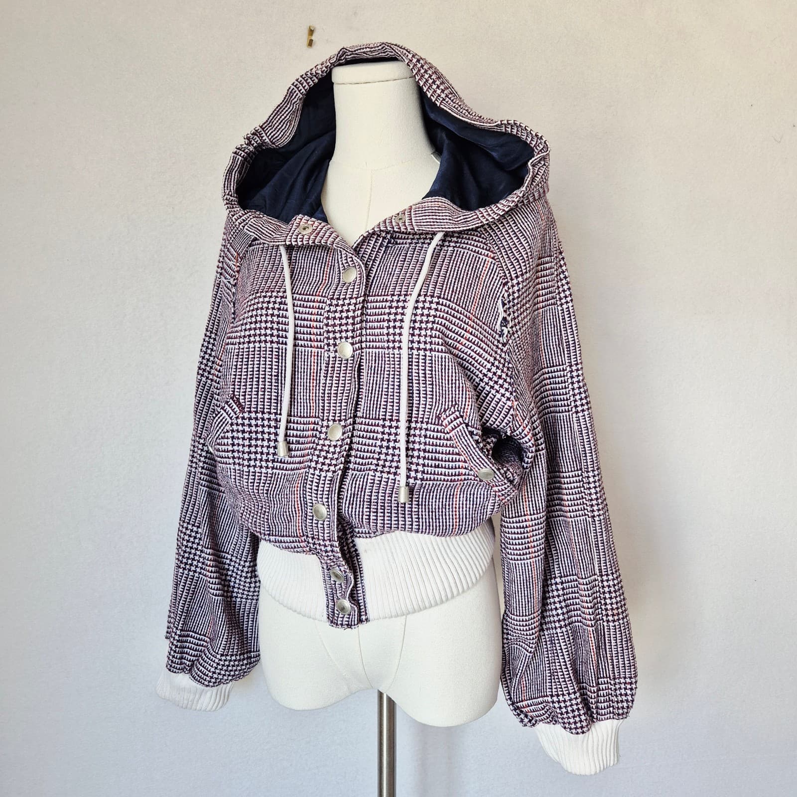 Free People Fabian Plaid Hoodie Bomber Jacket Snap Pocket Purple White Womens XS - Thumbnail 2