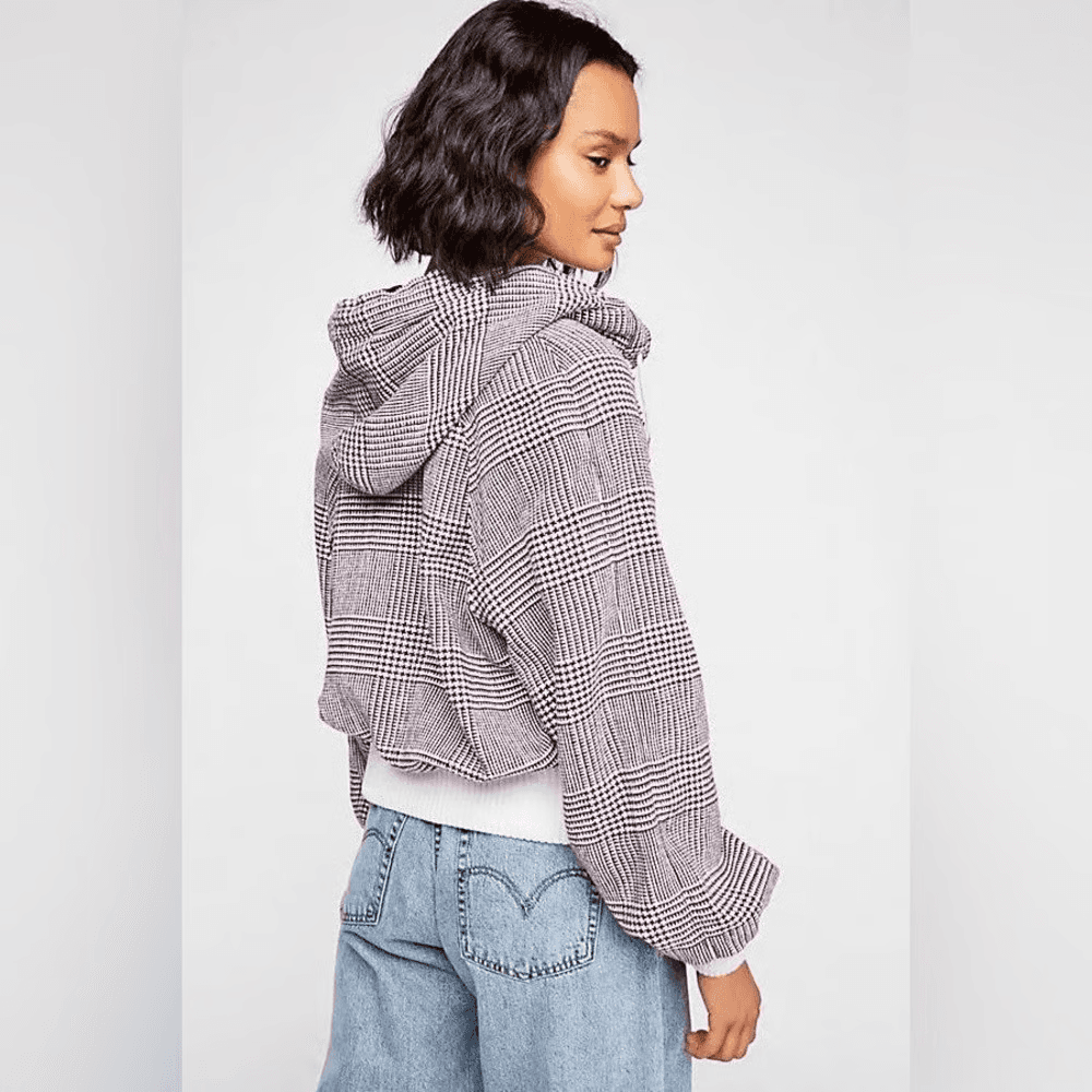 Free People Fabian Plaid Hoodie Bomber Jacket Snap Pocket Purple White Womens XS - Thumbnail 8