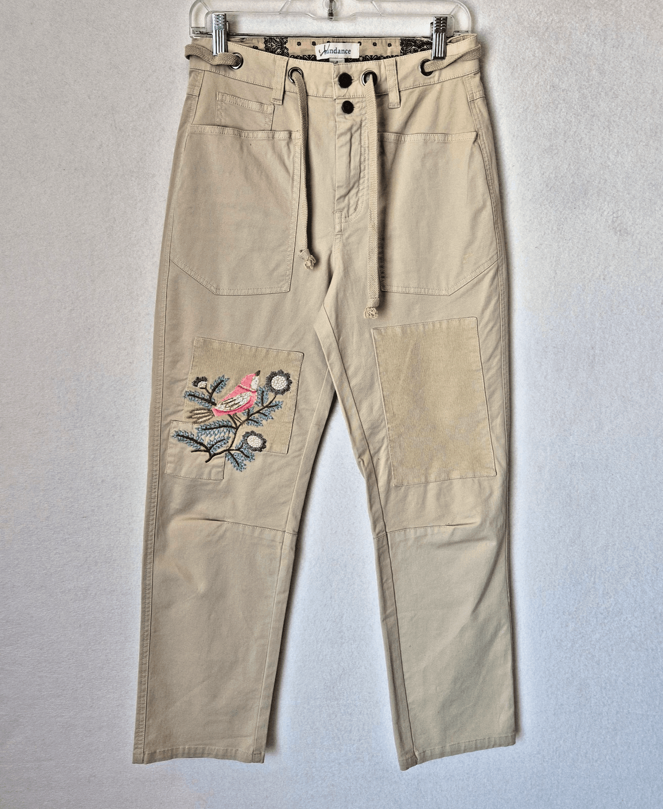 Sundance Bird Embroidered Straight Ankle Pants Zip Drawstring Beige Women's 2 - Thumbnail 2