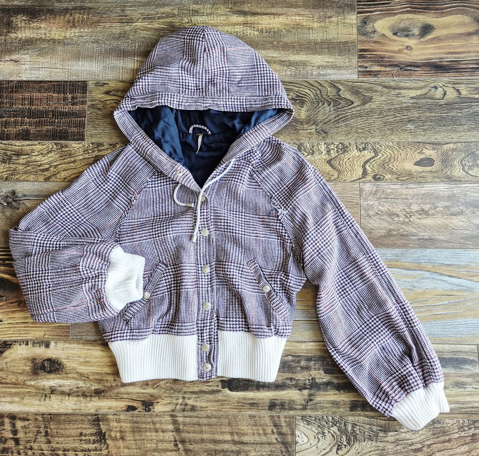 Free People Fabian Plaid Hoodie Bomber Jacket Snap Pocket Purple White Womens XS - Thumbnail 4