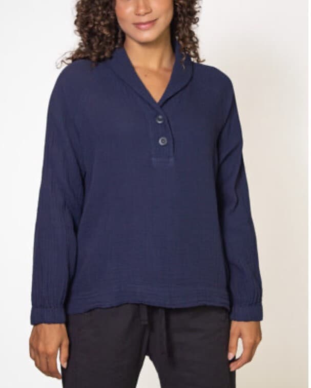 Xirena Qwynn Blue Gauze Shawl Collar Top Long Raglan Sleeves Cotton Women's XS - Thumbnail 3