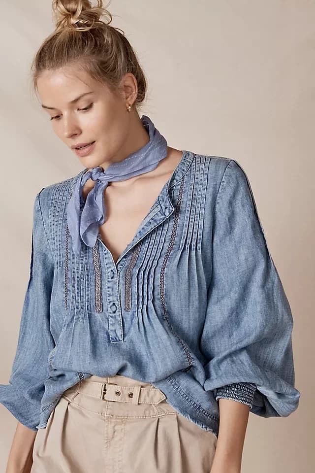Pilcro and the Letterpress Norah Pintucked Chambray Blouse Long Sleeve Women's S - Thumbnail 2