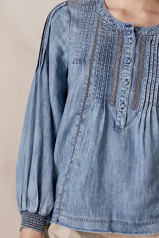 Pilcro and the Letterpress Norah Pintucked Chambray Blouse Long Sleeve Women's S - Thumbnail 4