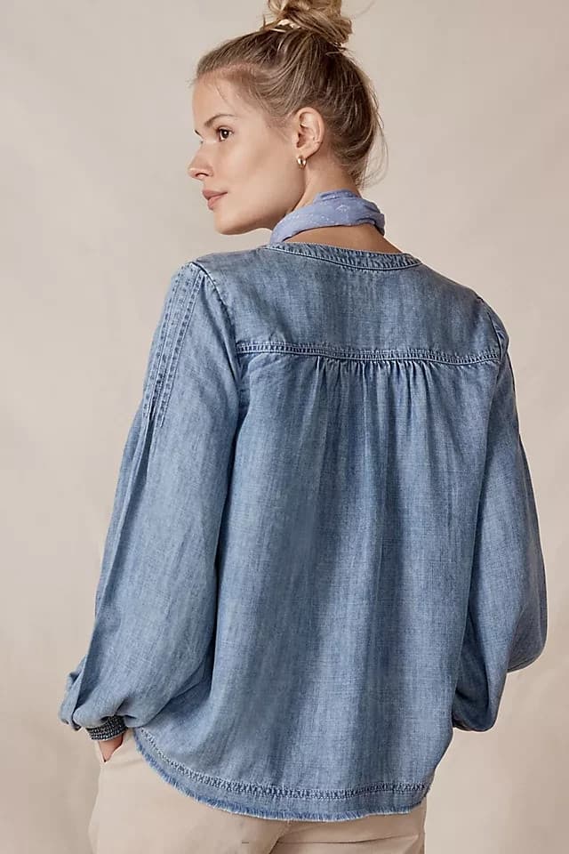 Pilcro and the Letterpress Norah Pintucked Chambray Blouse Long Sleeve Women's S - Thumbnail 8