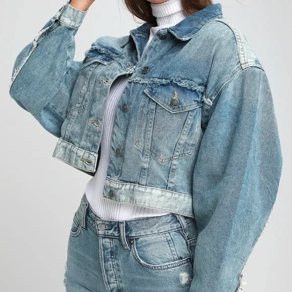 Free People Bedford Cropped Denim Jacket Distressed Medium Wash Cotton Women's S - Thumbnail 2