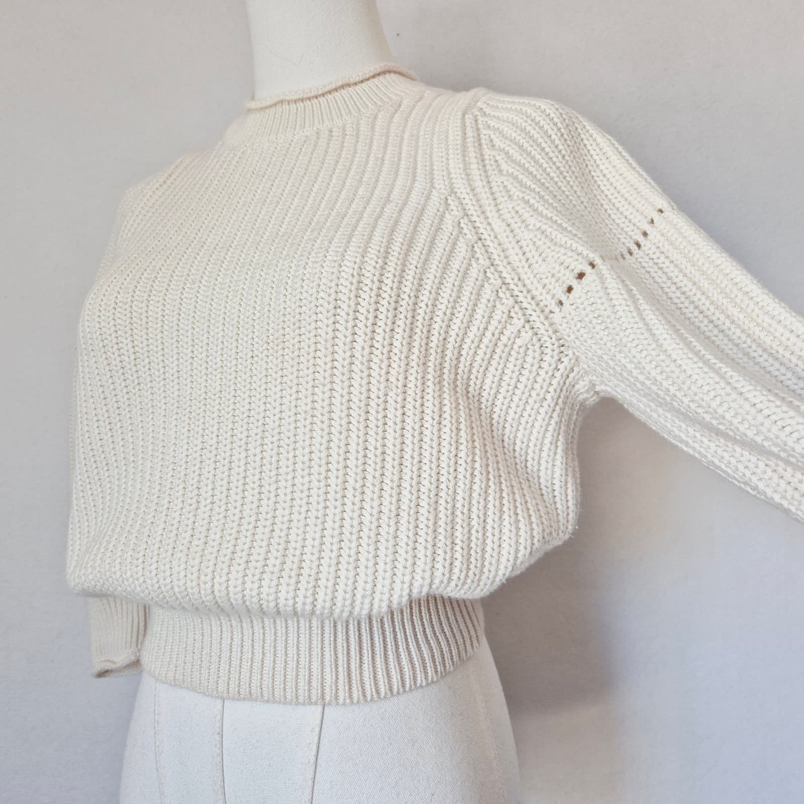 FRAME Cotton Cashmere Chunky Knit Sweater 3/4 Sleeve Off White Women's XXS - Thumbnail 4