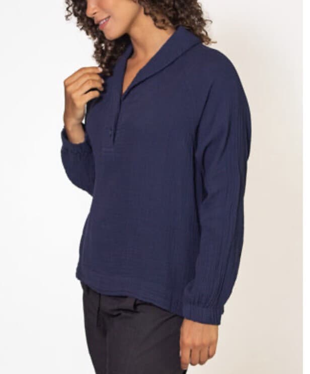 Xirena Qwynn Blue Gauze Shawl Collar Top Long Raglan Sleeves Cotton Women's XS - Thumbnail 5
