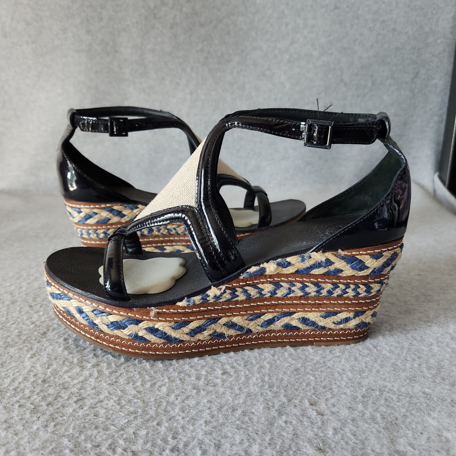 Tory Burch Leather 3" Woven Jute Wedge Platform Shoes Open Toe Ankle Strap US10M - Thumbnail 3