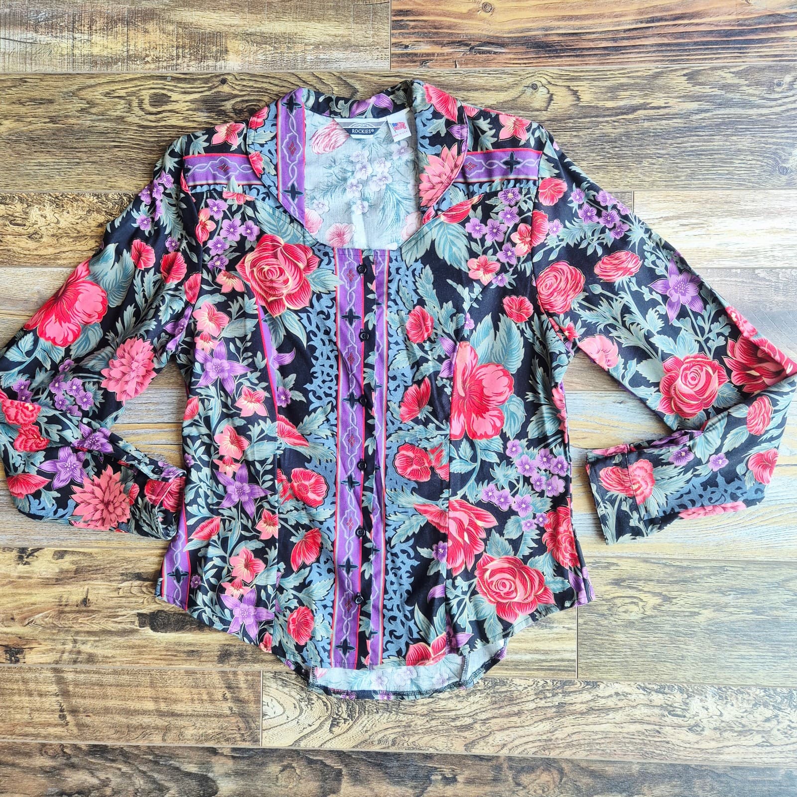 Vintage Rockies USA Made Floral Western Blouse Long Sleeve Button Women Bust 40" - Thumbnail 7