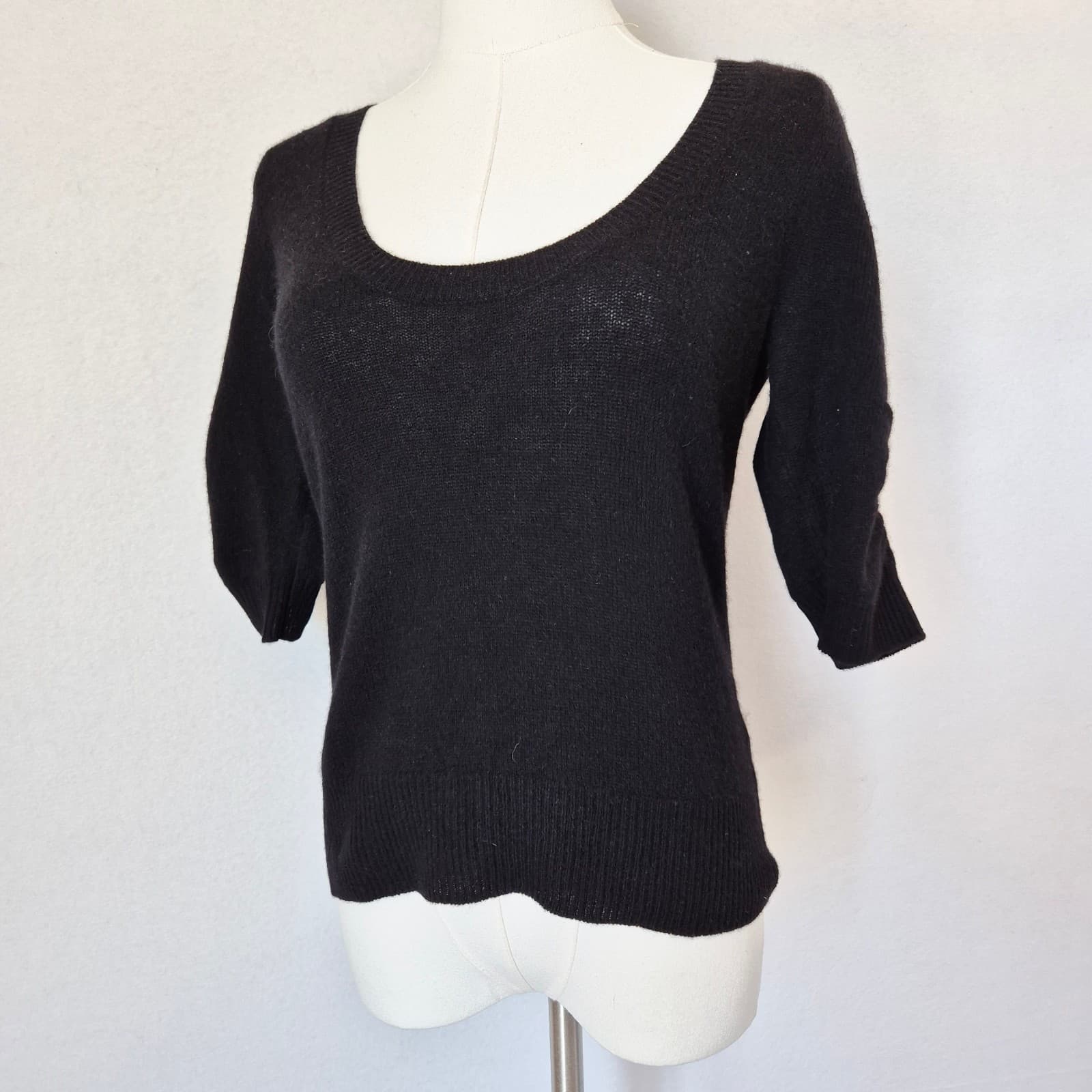 FRAME 100% Cashmere Scoop Neck Sweater 3/4 Cinched Sleeve Black Women's S