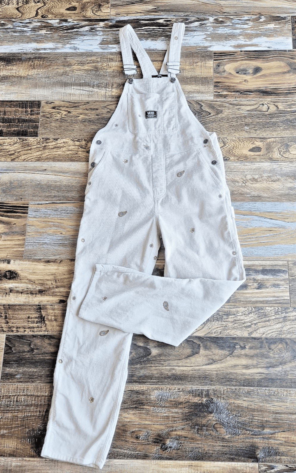 Vans Women's S Ground Work Hollywell Embroidered Corduroy Overalls Cotton Beige - Thumbnail 3