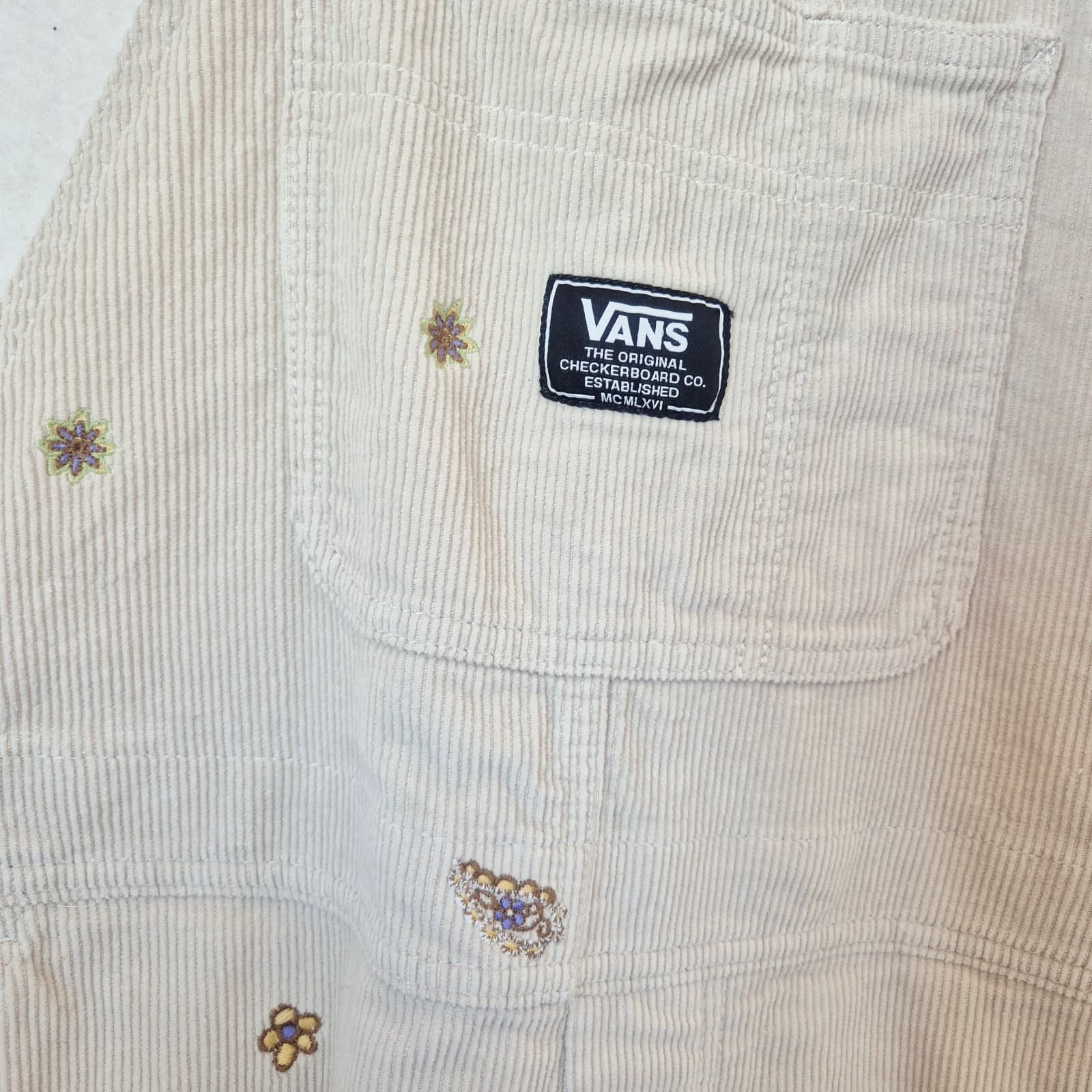 Vans Women's S Ground Work Hollywell Embroidered Corduroy Overalls Cotton Beige - Thumbnail 7