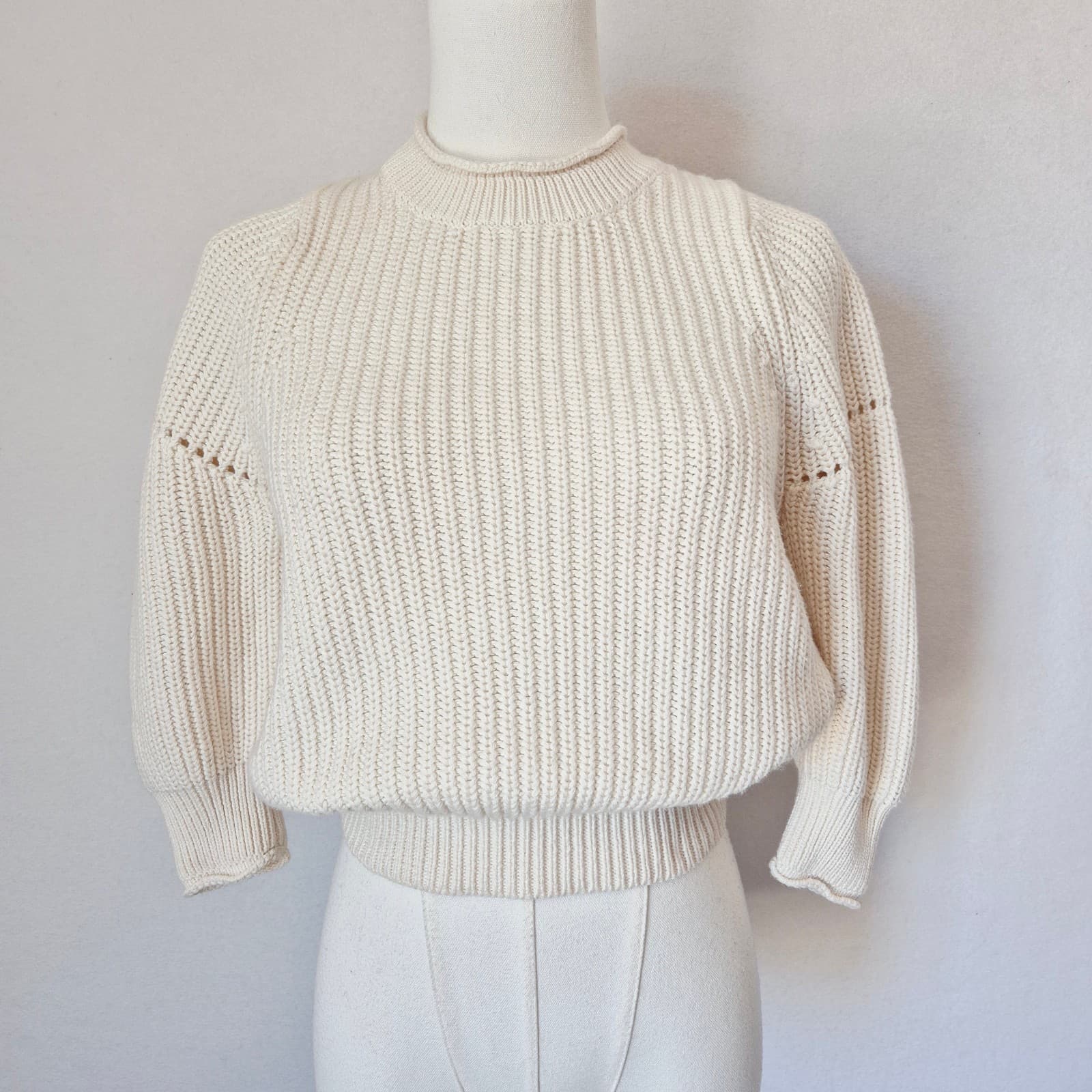 FRAME Cotton Cashmere Chunky Knit Sweater 3/4 Sleeve Off White Women's XXS - Thumbnail 6