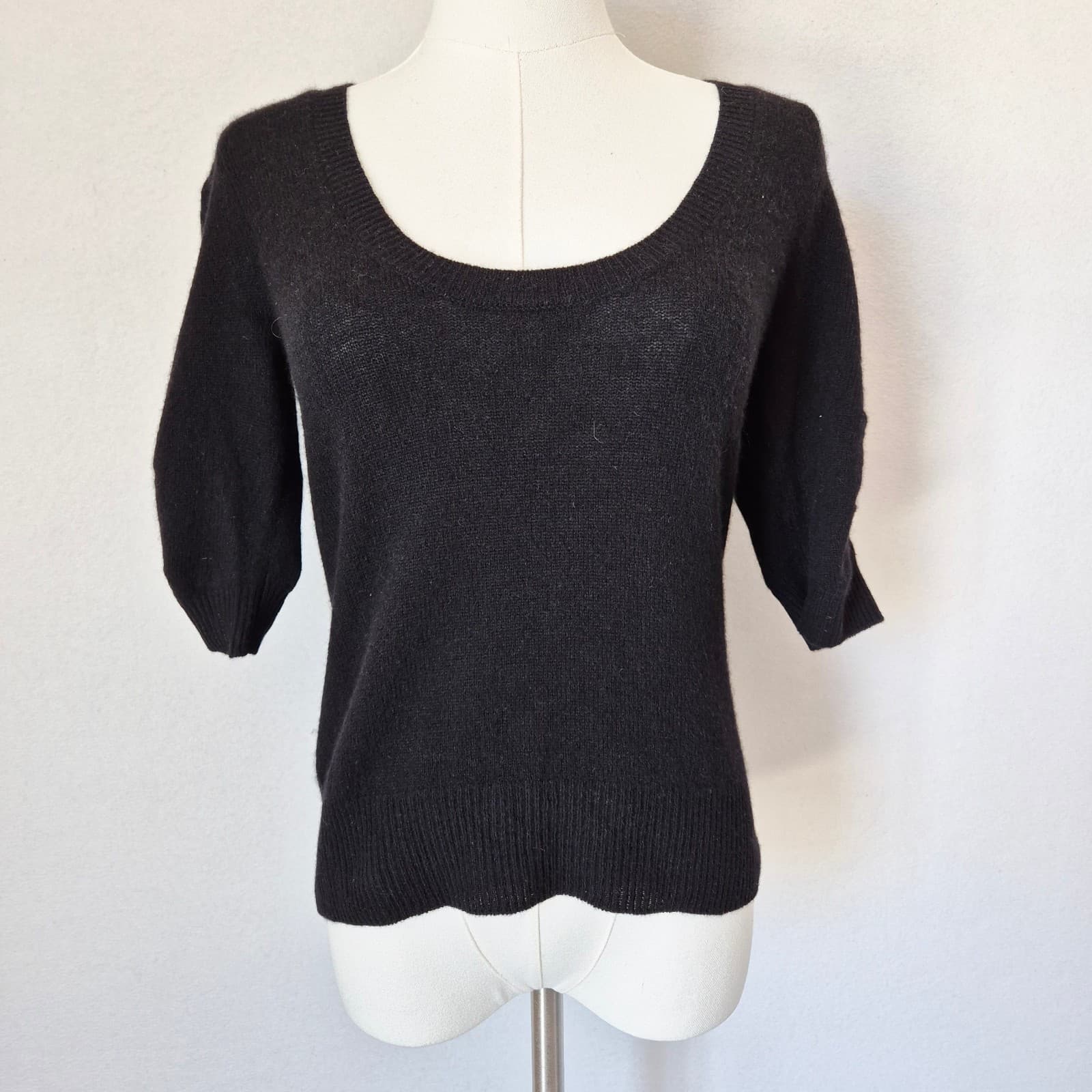 FRAME 100% Cashmere Scoop Neck Sweater 3/4 Cinched Sleeve Black Women's S - Thumbnail 3