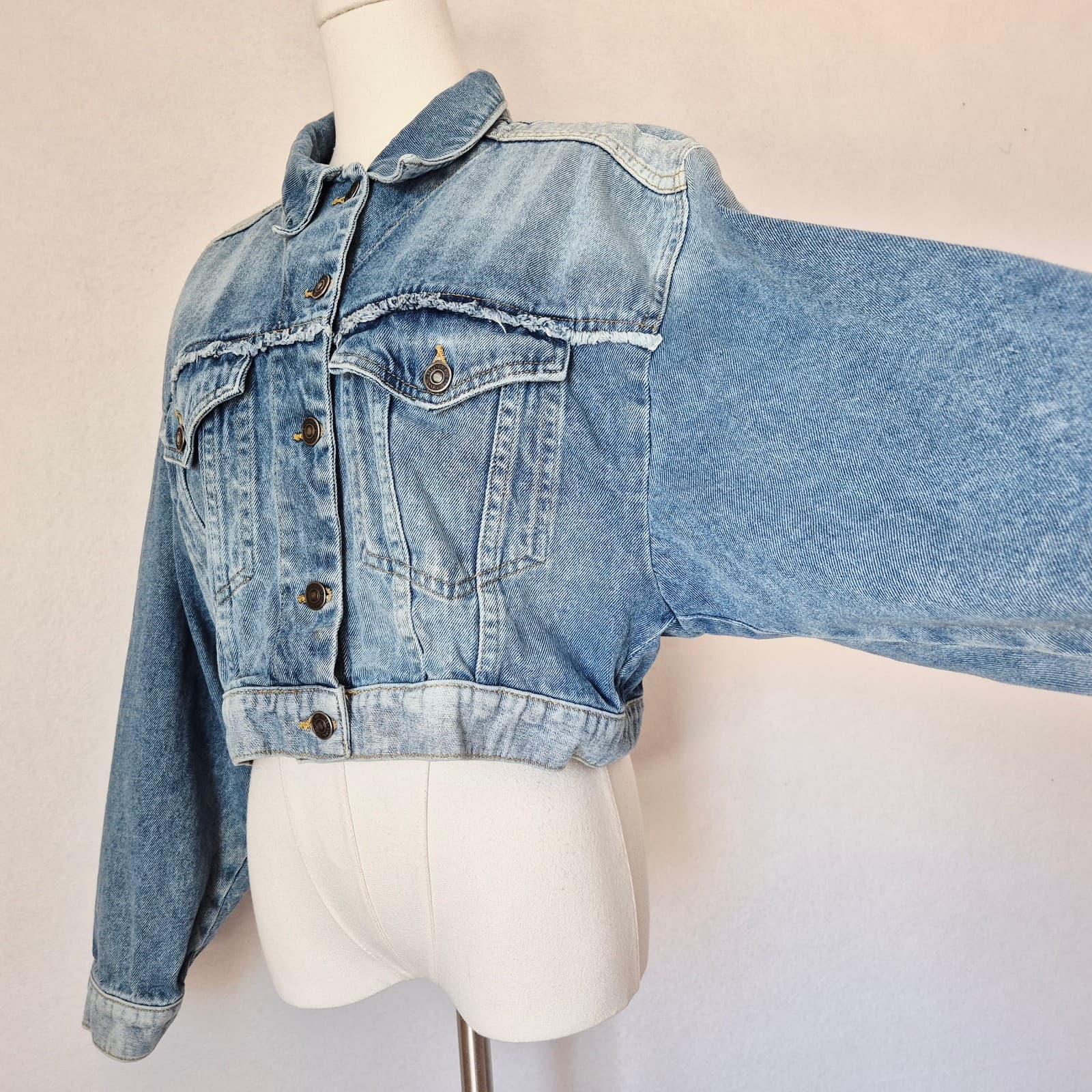 Free People Bedford Cropped Denim Jacket Distressed Medium Wash Cotton Women's S - Thumbnail 4