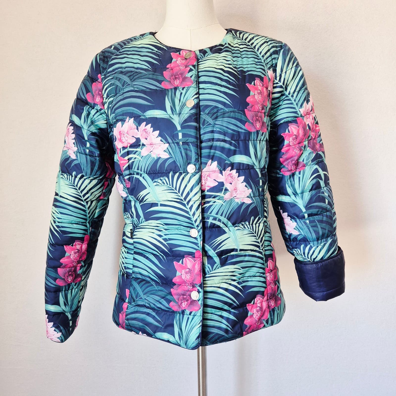 Tommy Bahama Floral Island Navy Reversible Snap Puffer Jacket Zip-Pocket Women S - Thumbnail 5