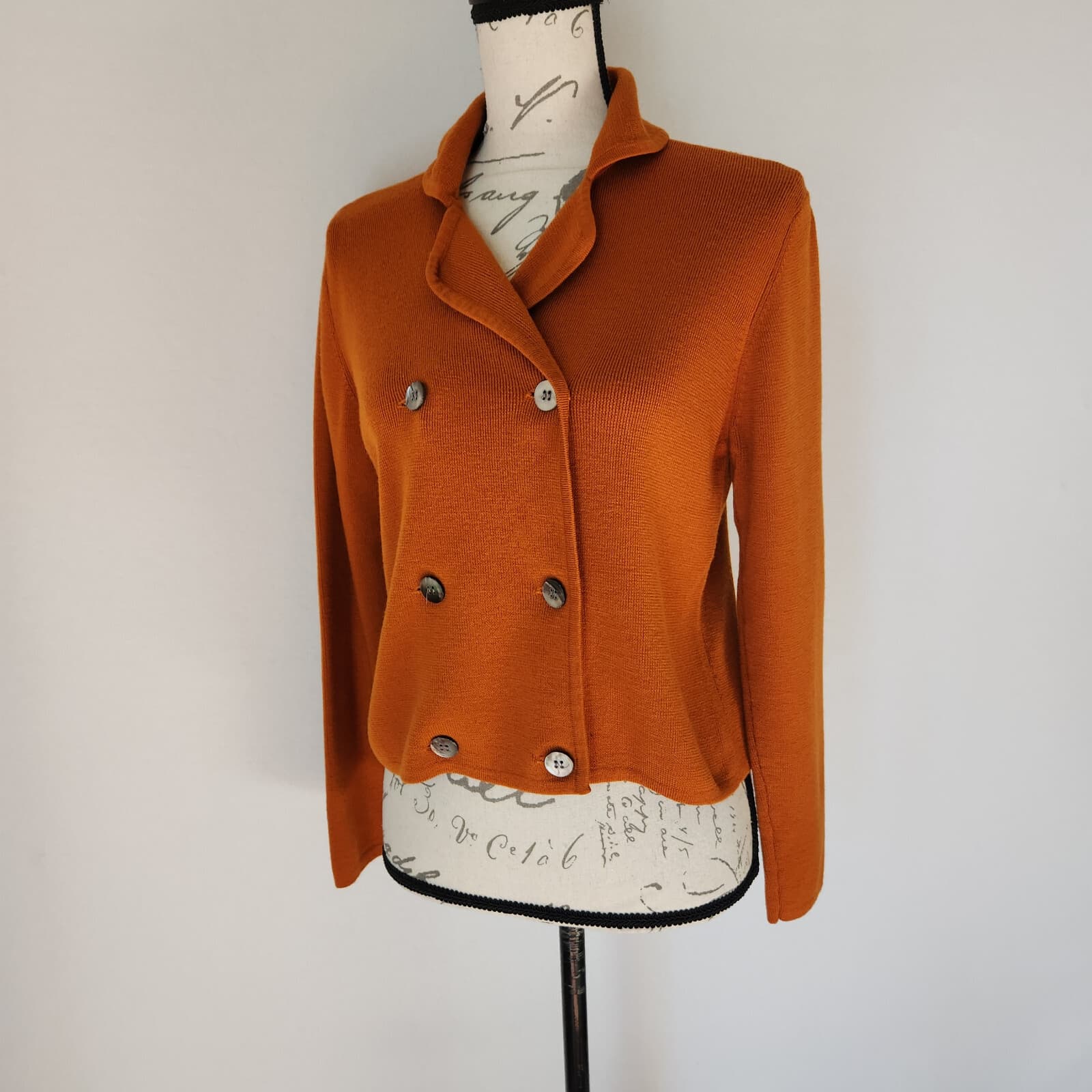 Vintage Valerie Stevens Extra Fine Merino Wool Double-Breast Sweater Orange Sz.S - Thumbnail 2