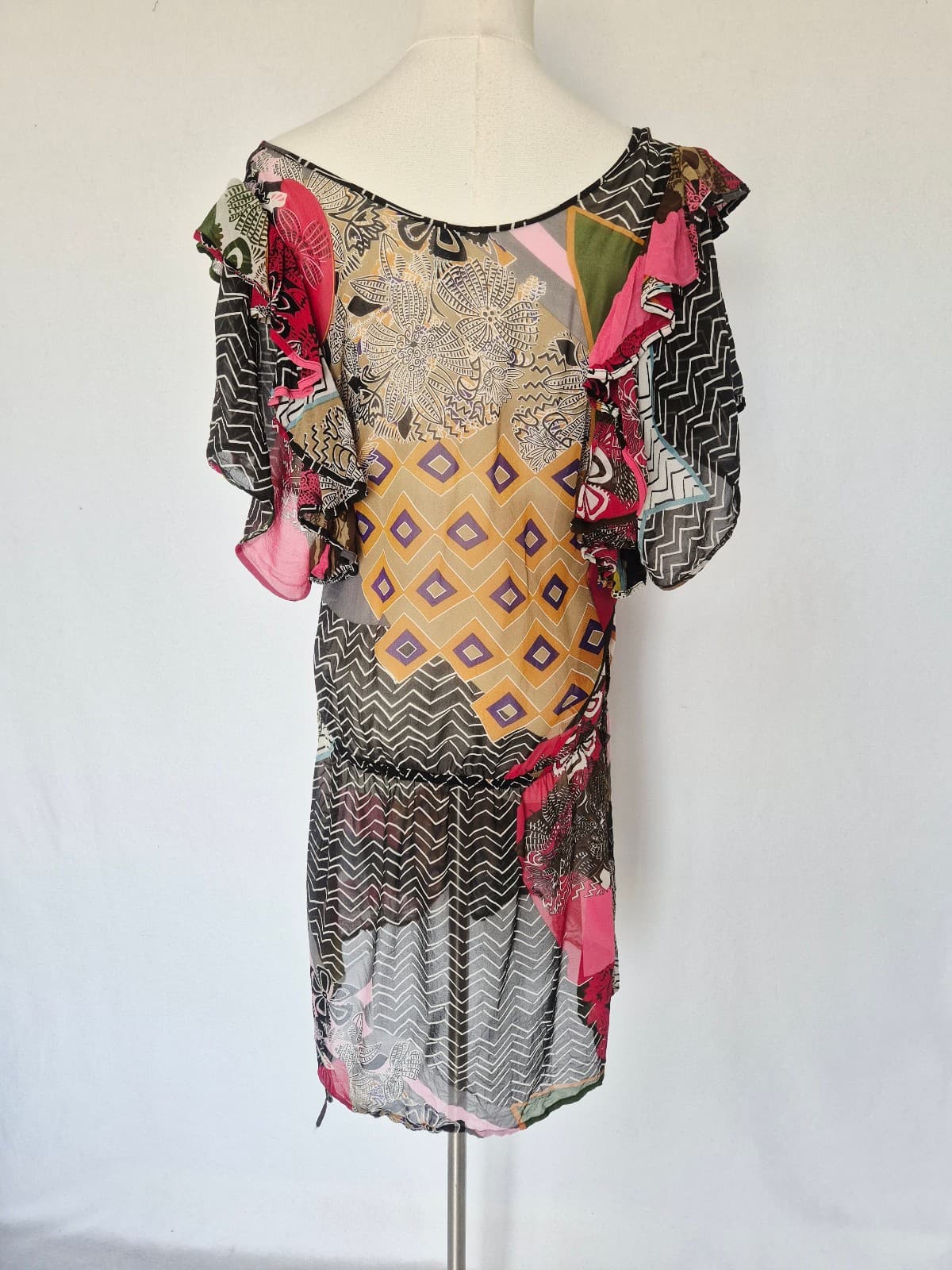 Pinkerton Anthropologie Silk Sheer Geo-Printed Ruffled Dropwaist Mini Dress Sz.M - Thumbnail 5