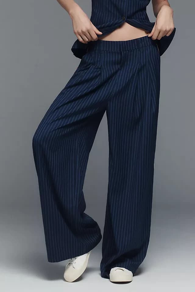 Maeve Anthropologie The Avery Pleated Wide-Leg Trouser Side-Stripe Blue Womens M - Thumbnail 2