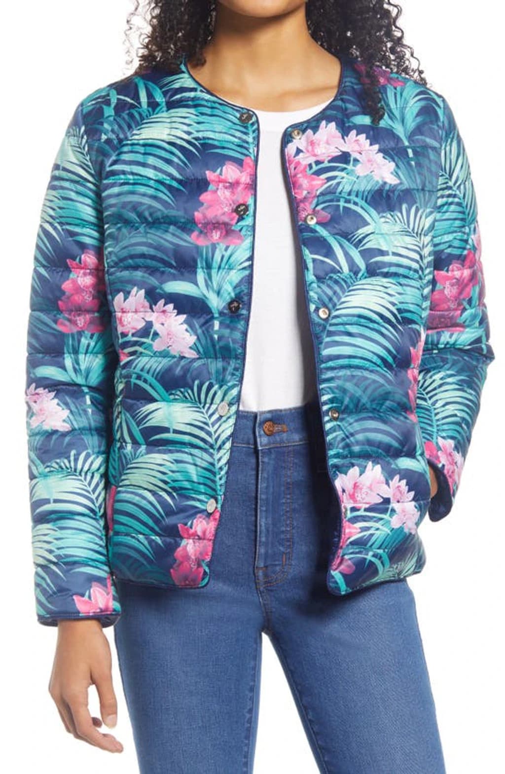 Tommy Bahama Floral Island Navy Reversible Snap Puffer Jacket Zip-Pocket Women S - Thumbnail 3