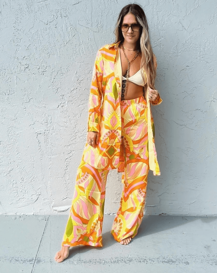 ZARA Set of Muliticolor Printed Satin Top Pants Long Sleeve Straight-Leg Size L - Thumbnail 5