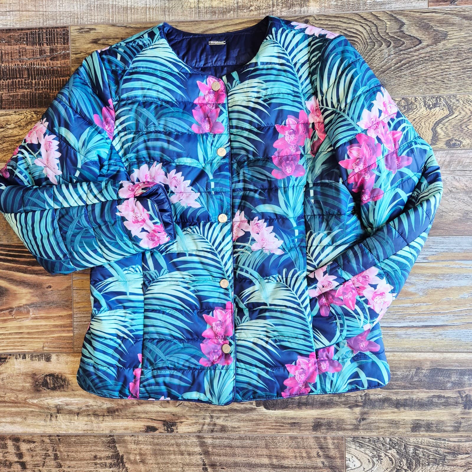 Tommy Bahama Floral Island Navy Reversible Snap Puffer Jacket Zip-Pocket Women S - Thumbnail 2