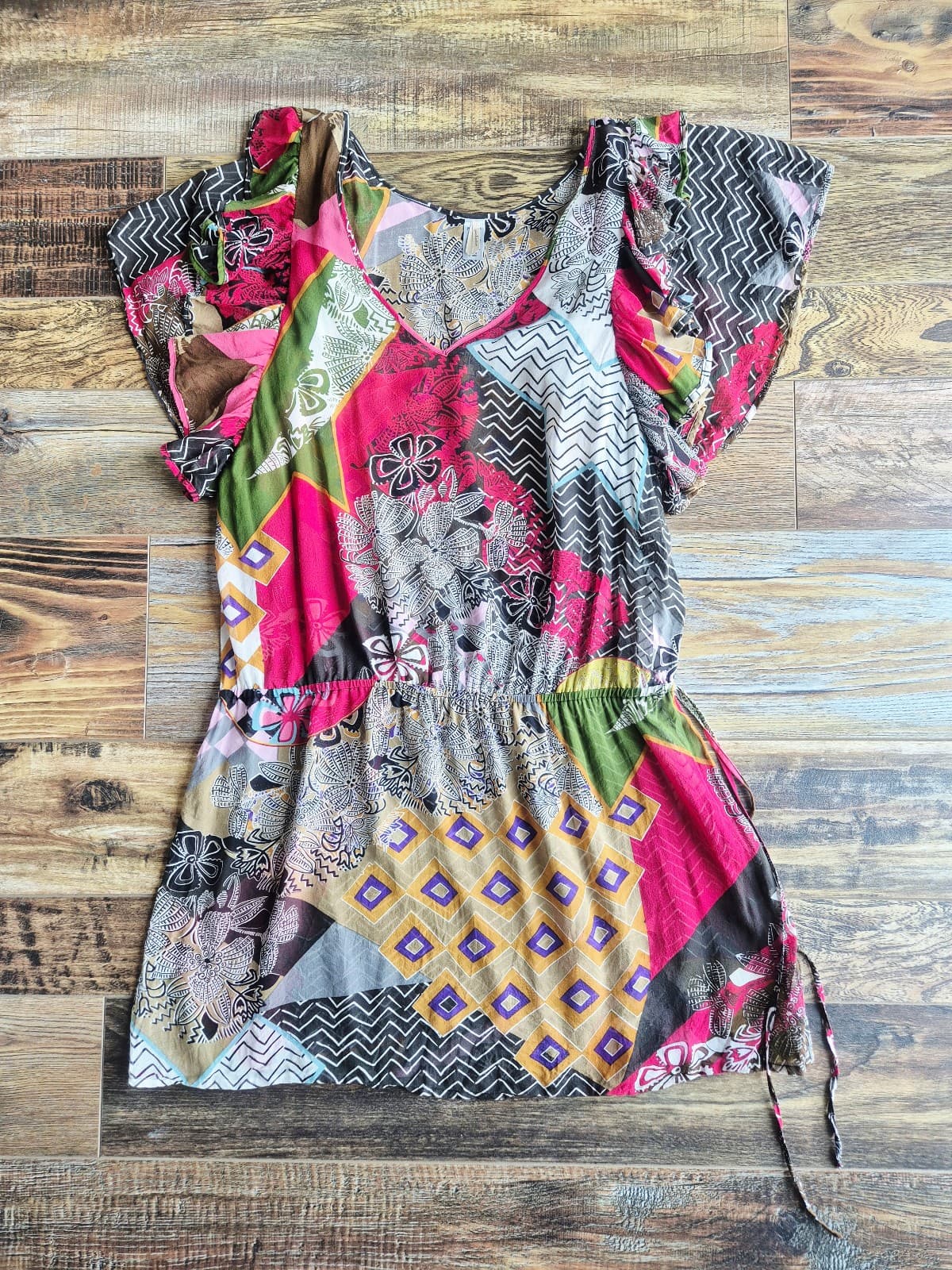 Pinkerton Anthropologie Silk Sheer Geo-Printed Ruffled Dropwaist Mini Dress Sz.M - Thumbnail 6