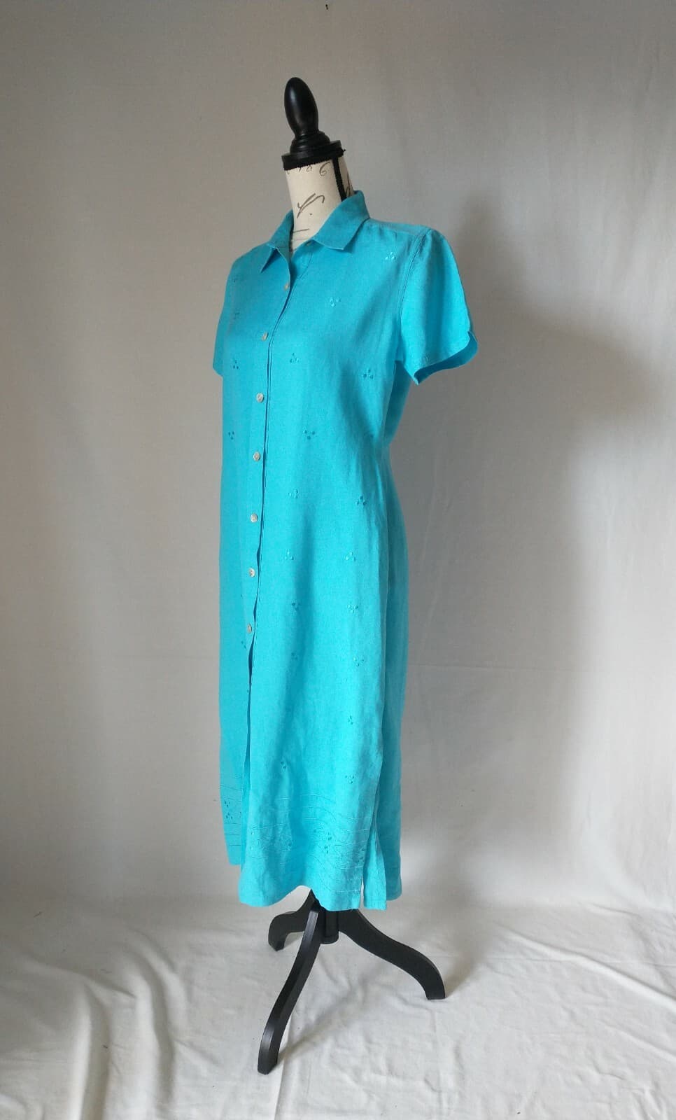 J.A. STUDIO Embroidered Linen Midi Shirt Dress Short Sleeve Button-Down Blue M - Thumbnail 5