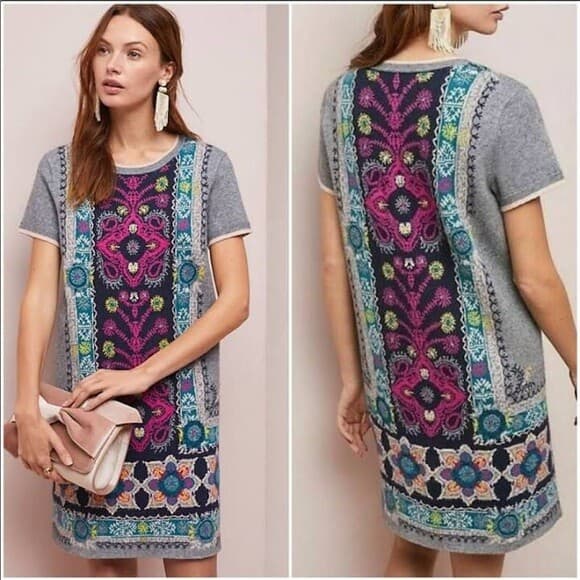 Akemi+Kin Anthropologie Kaleidoscope Sweater Dress Short Sleeve Floral Grey Sz.L - Thumbnail 4