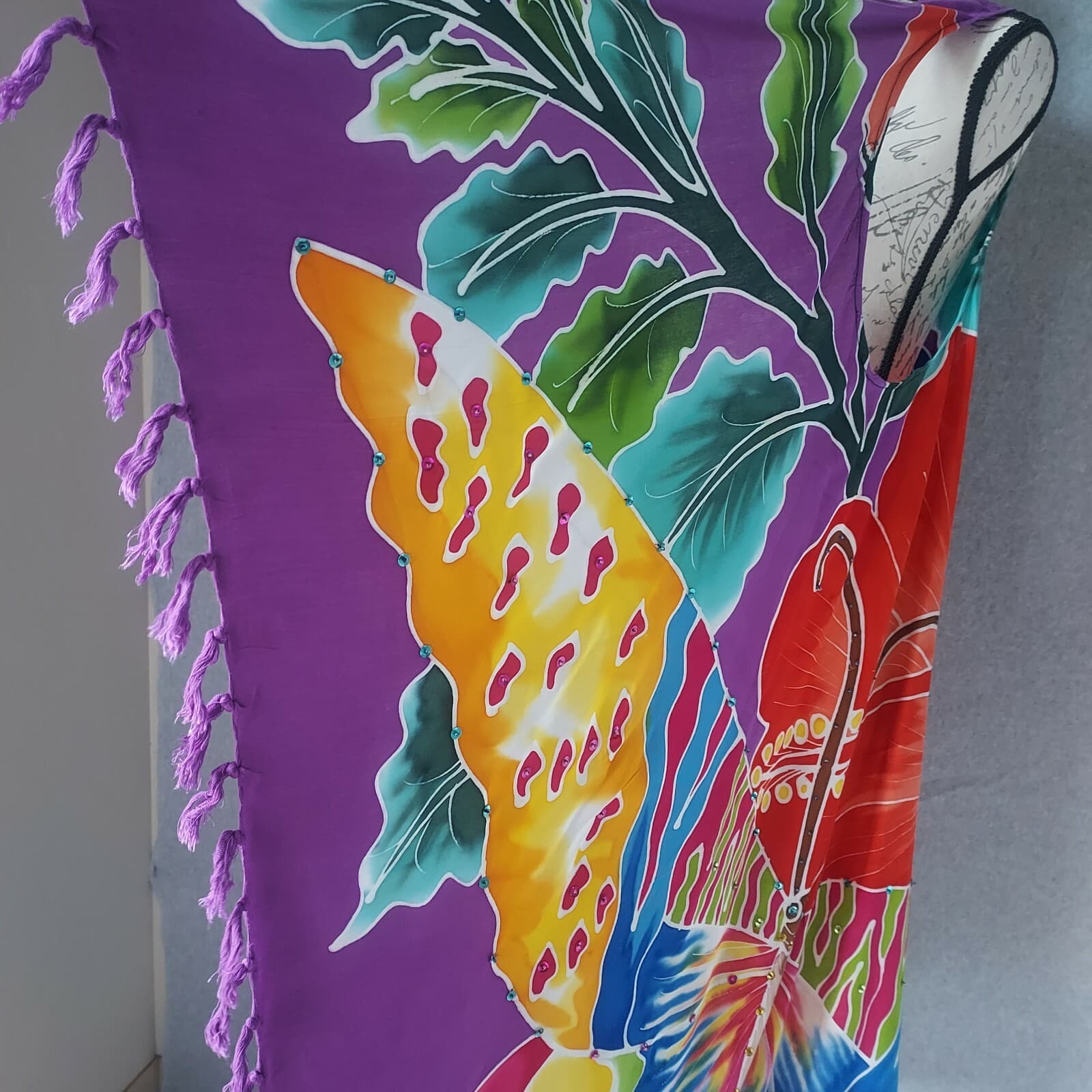 Tropical Batik Beach Cover Dress Bead Embellished Multicolor Fringe One Size - Thumbnail 6
