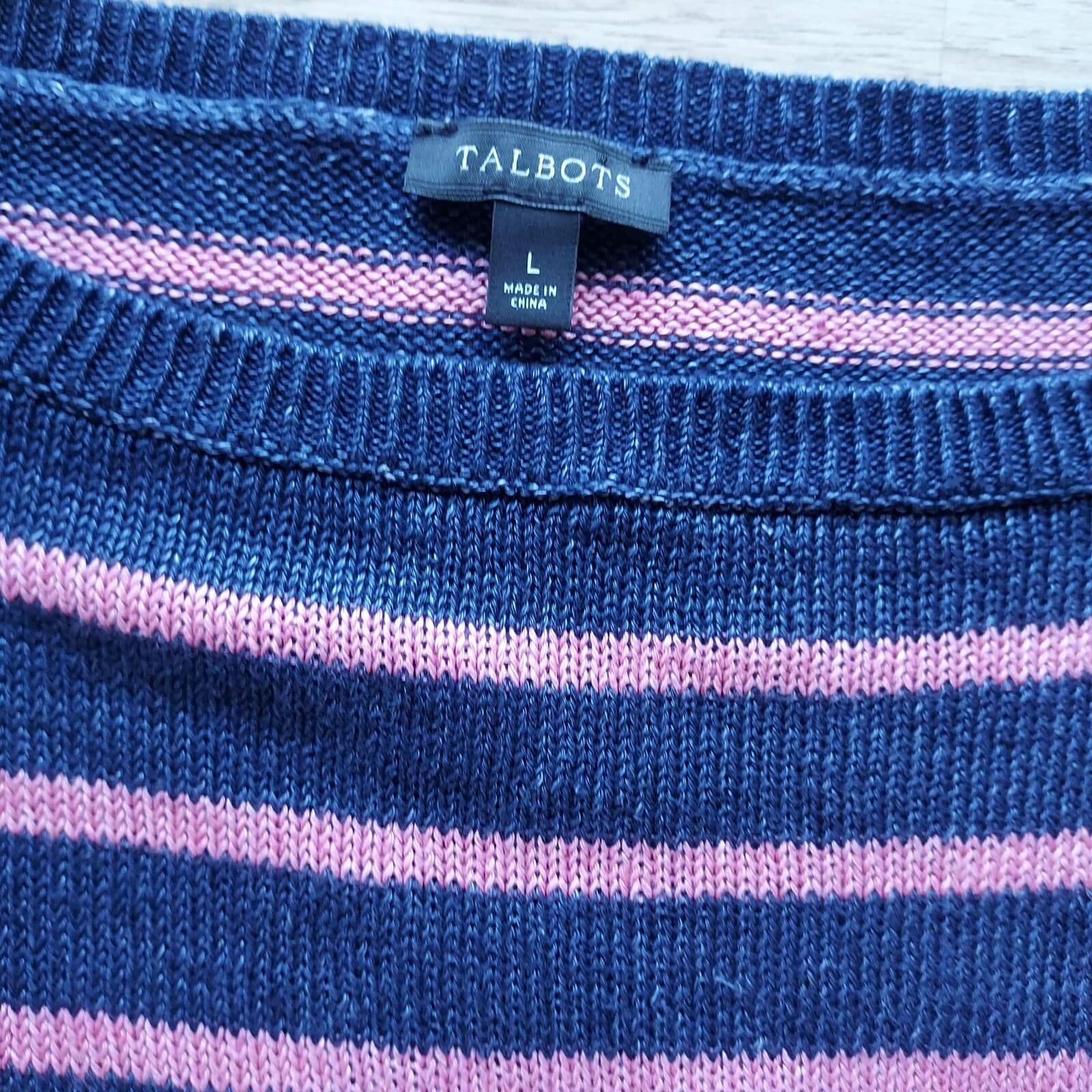 Talbots 100% Linen Sweater Pullover Boat Neck Navy Blue Pink Stripe Women Sz.L - Thumbnail 7