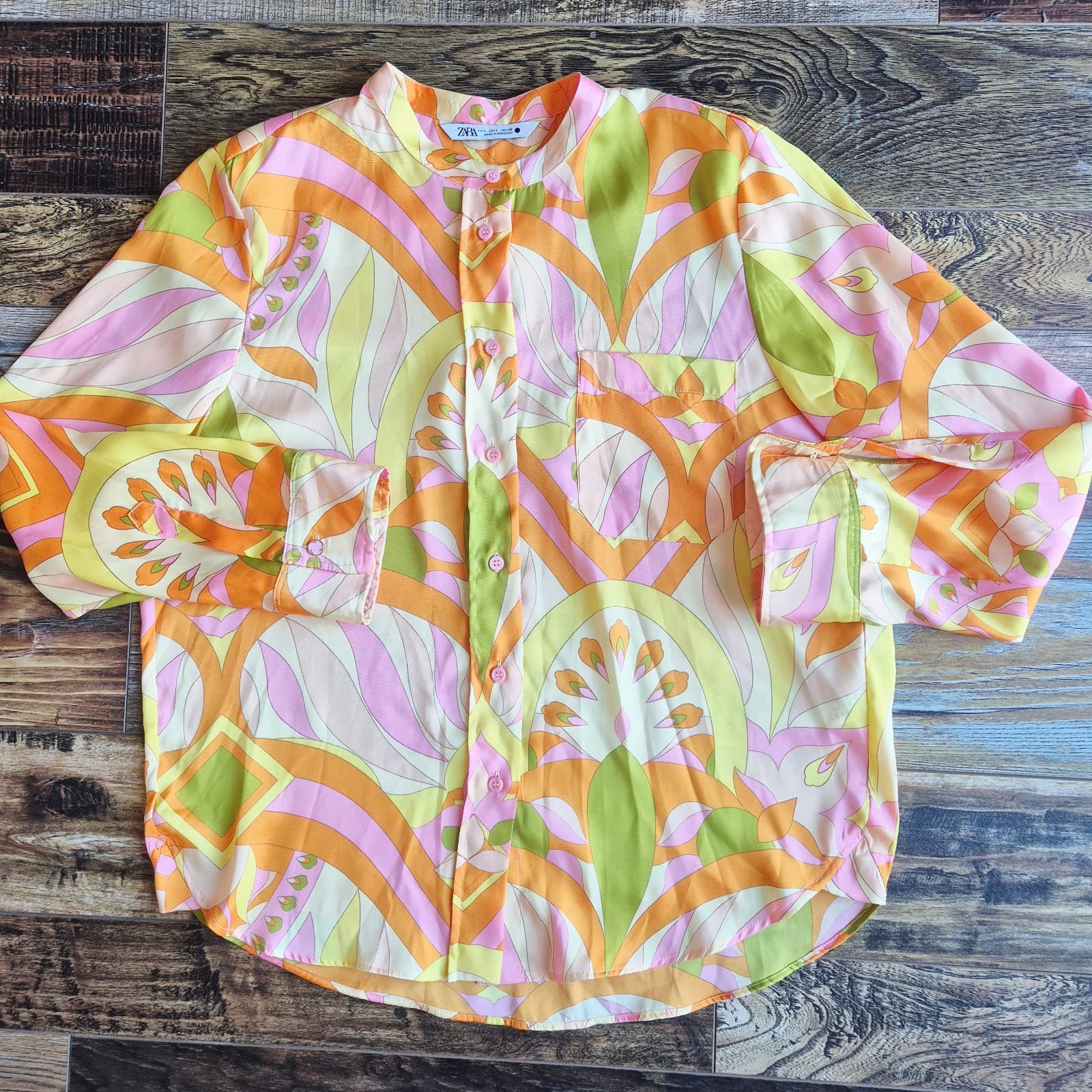 ZARA Set of Muliticolor Printed Satin Top Pants Long Sleeve Straight-Leg Size L - Thumbnail 9
