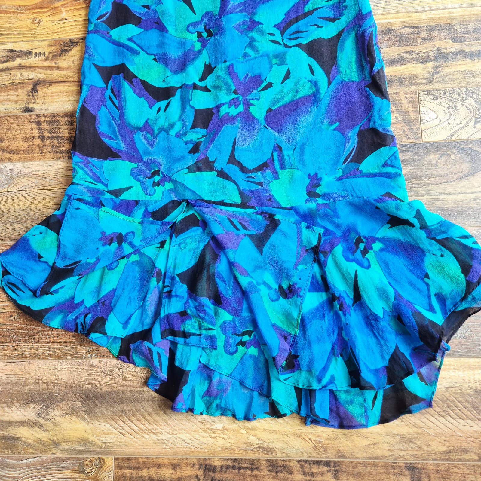 Vintage Y2K Chico's Silk Floral Asymmetrical-Hem Dress Sleeveless Blue Sz.1 (M) - Thumbnail 7