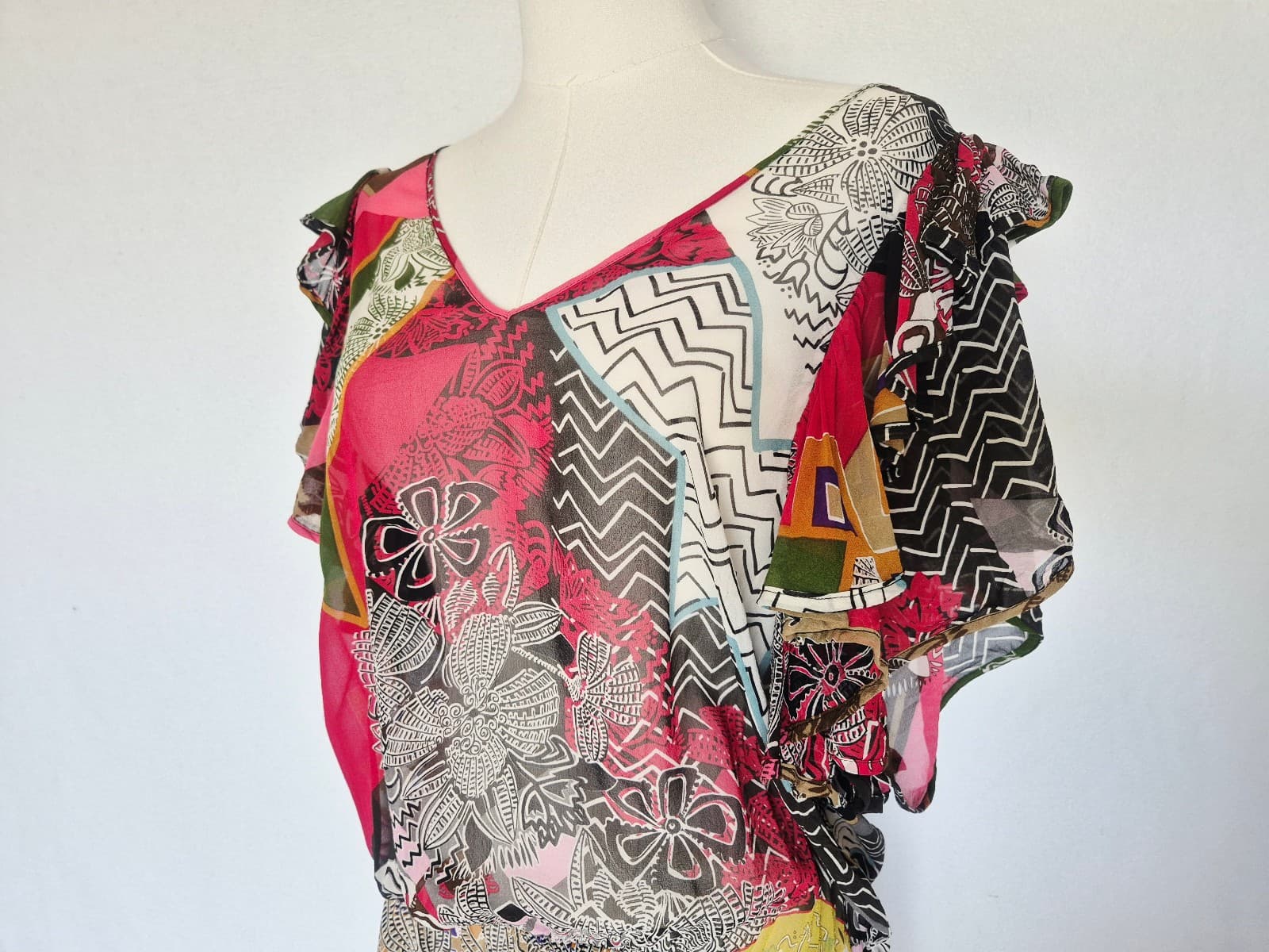 Pinkerton Anthropologie Silk Sheer Geo-Printed Ruffled Dropwaist Mini Dress Sz.M - Thumbnail 4