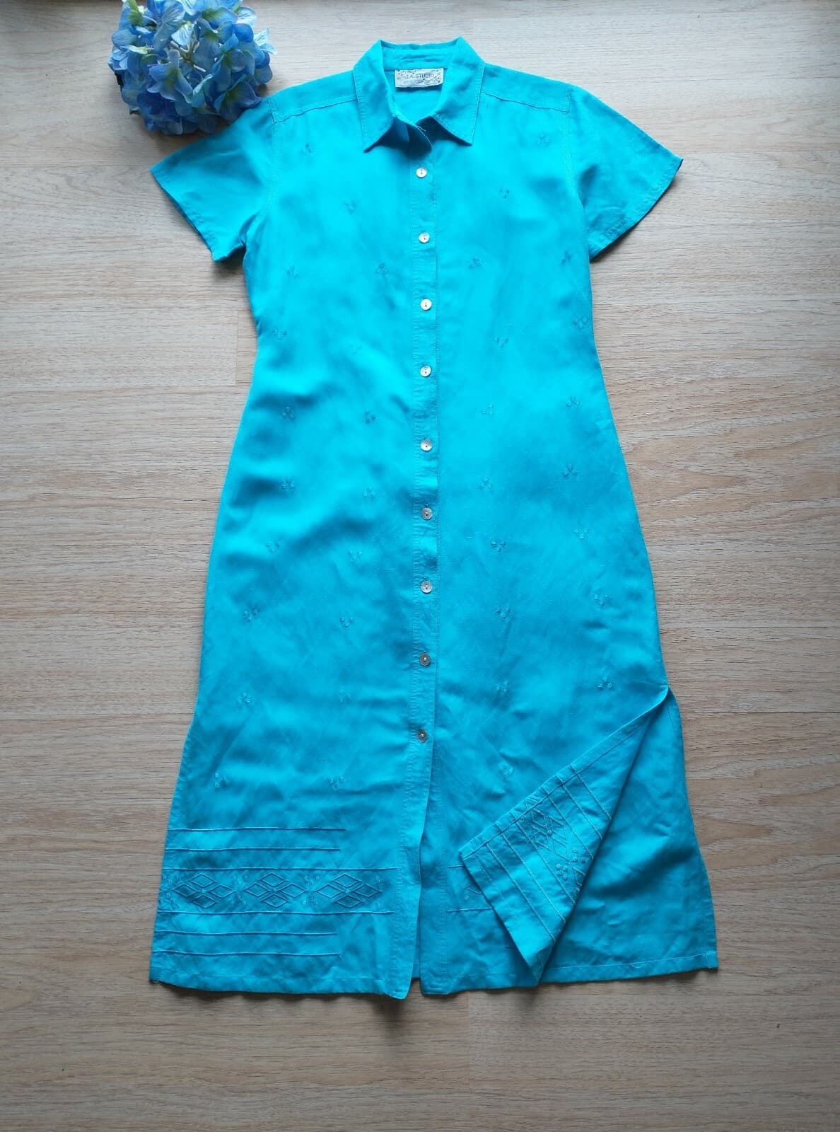 J.A. STUDIO Embroidered Linen Midi Shirt Dress Short Sleeve Button-Down Blue M - Thumbnail 2