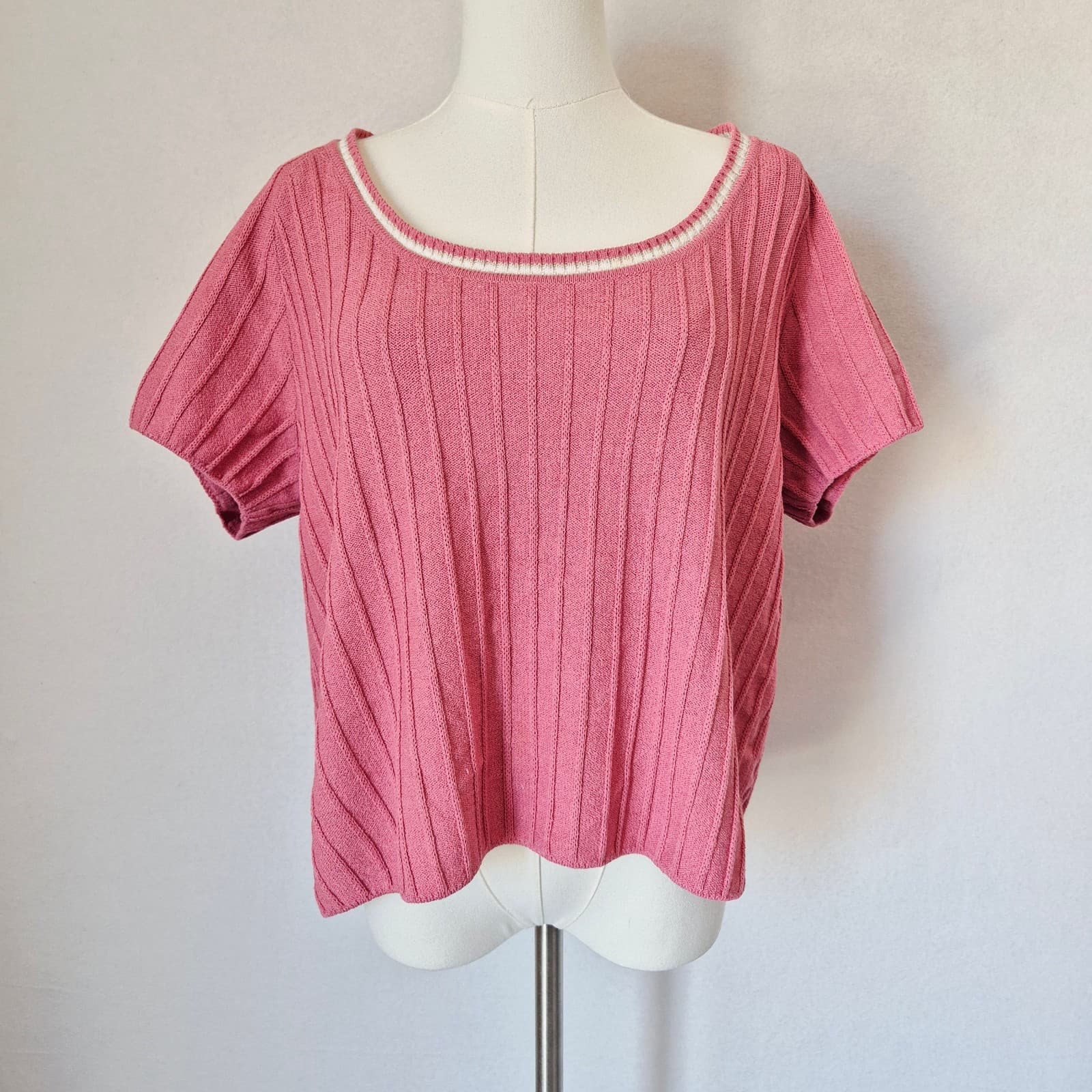 ST. JOHN Sport Wool Blend Santana Ribbed Knit Short Sleeve Top Pink Women's XL - Thumbnail 2