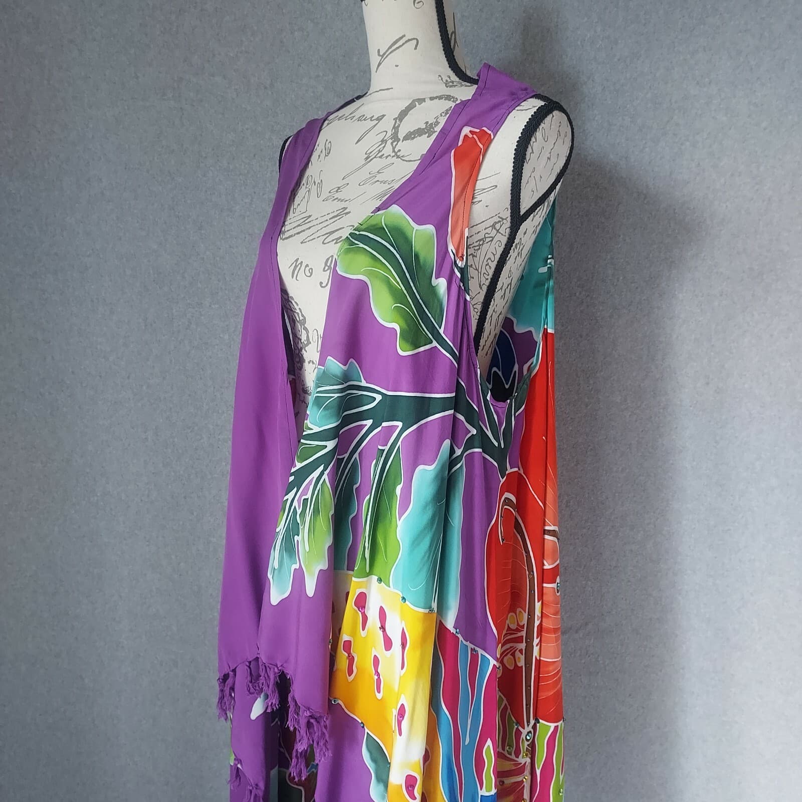 Tropical Batik Beach Cover Dress Bead Embellished Multicolor Fringe One Size - Thumbnail 5