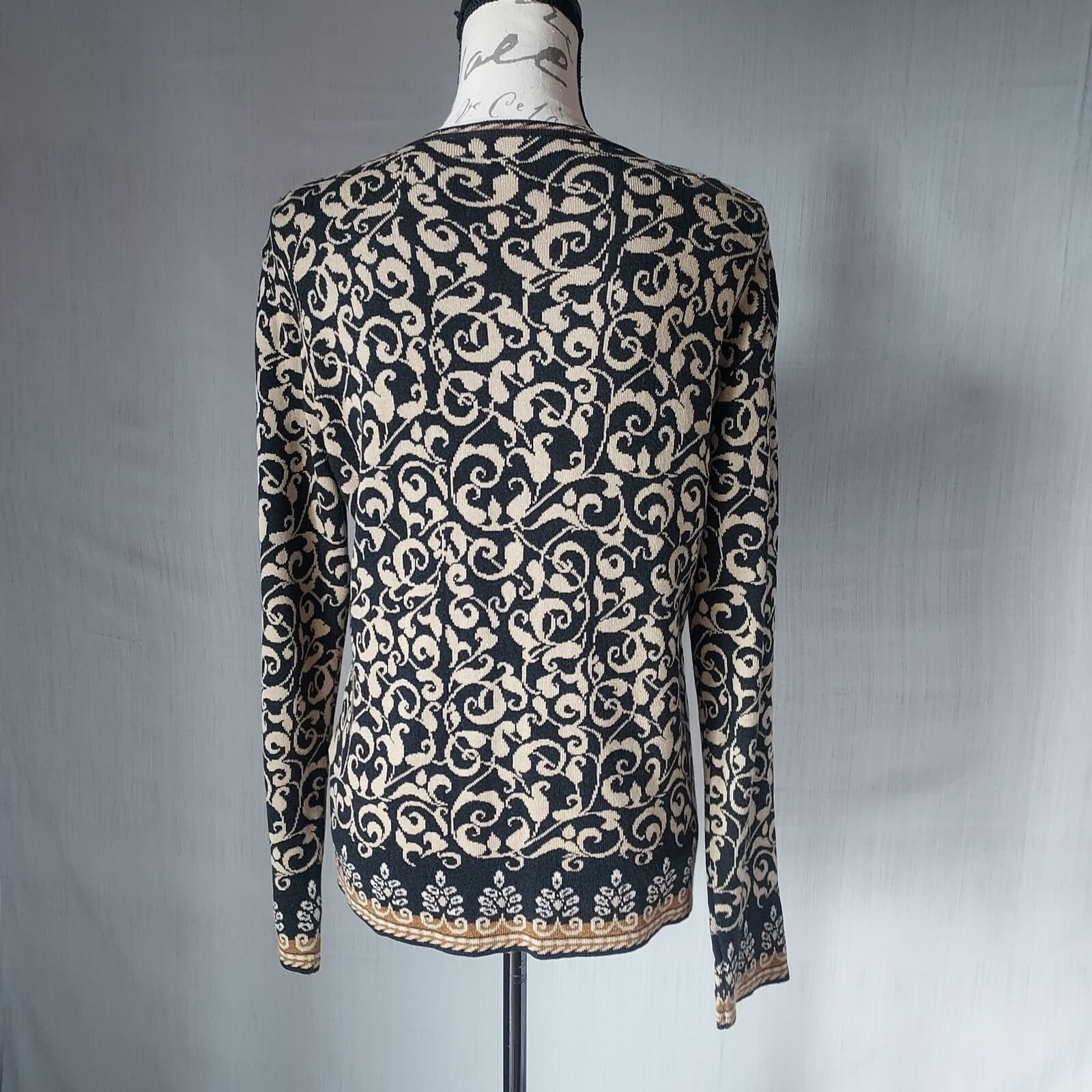 ICELANDIC DESIGN Floral Cardigan Button Cotton Blend Tan-Black Women Chest 40" - Thumbnail 5