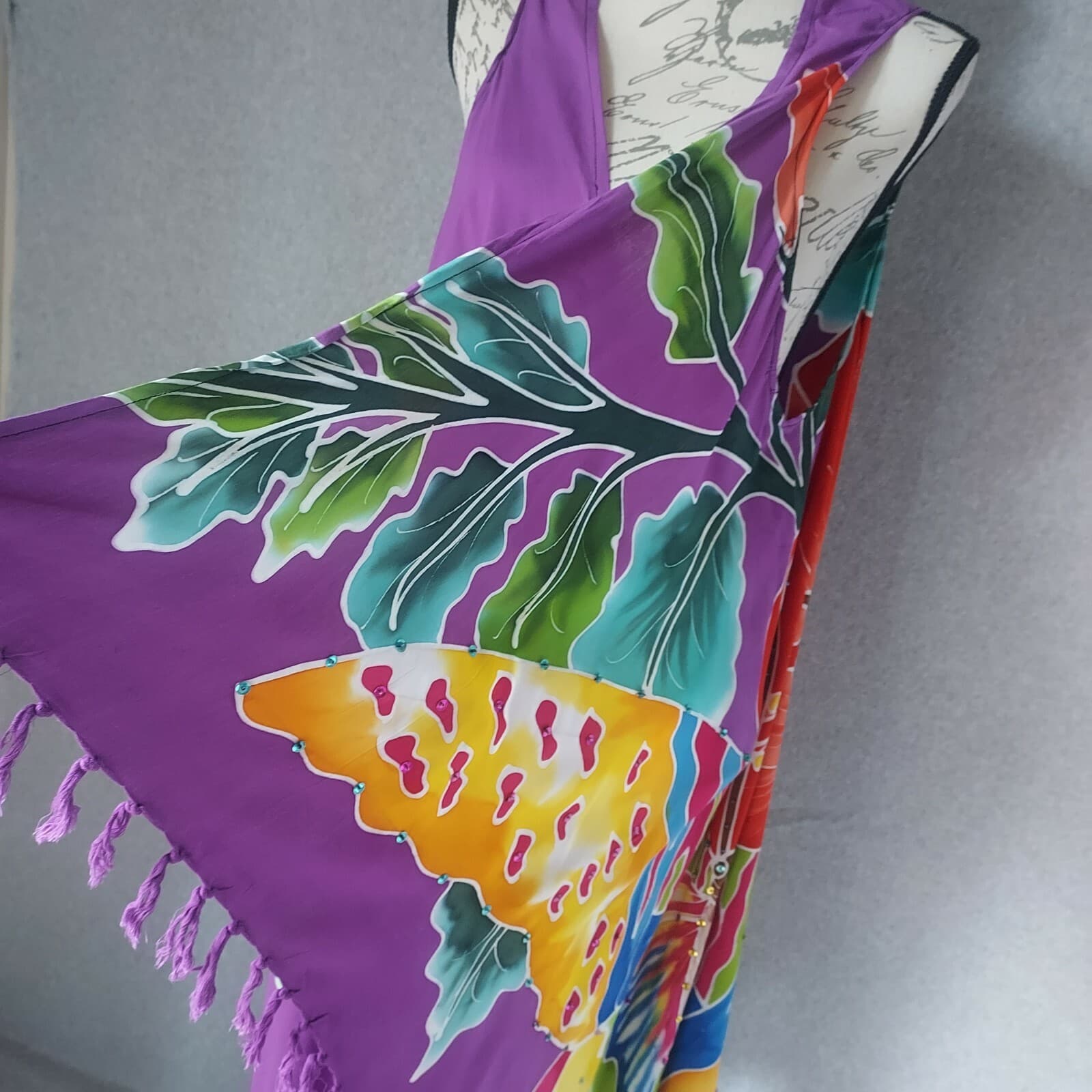 Tropical Batik Beach Cover Dress Bead Embellished Multicolor Fringe One Size - Thumbnail 3