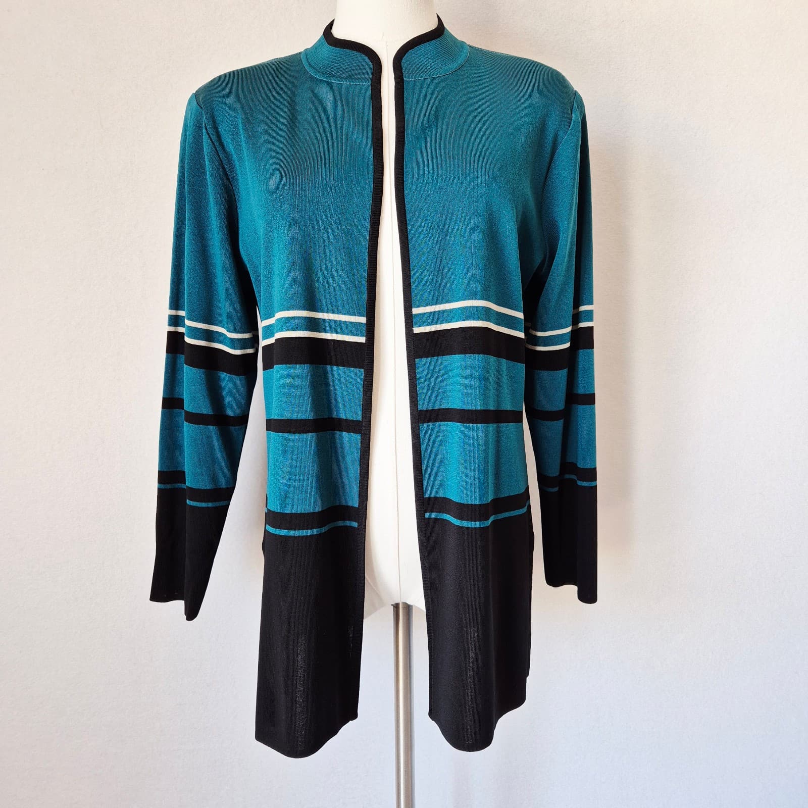 Exclusively Misook Open Front Cardigan Long Sleeve Knit Green Black Women's MP - Thumbnail 2