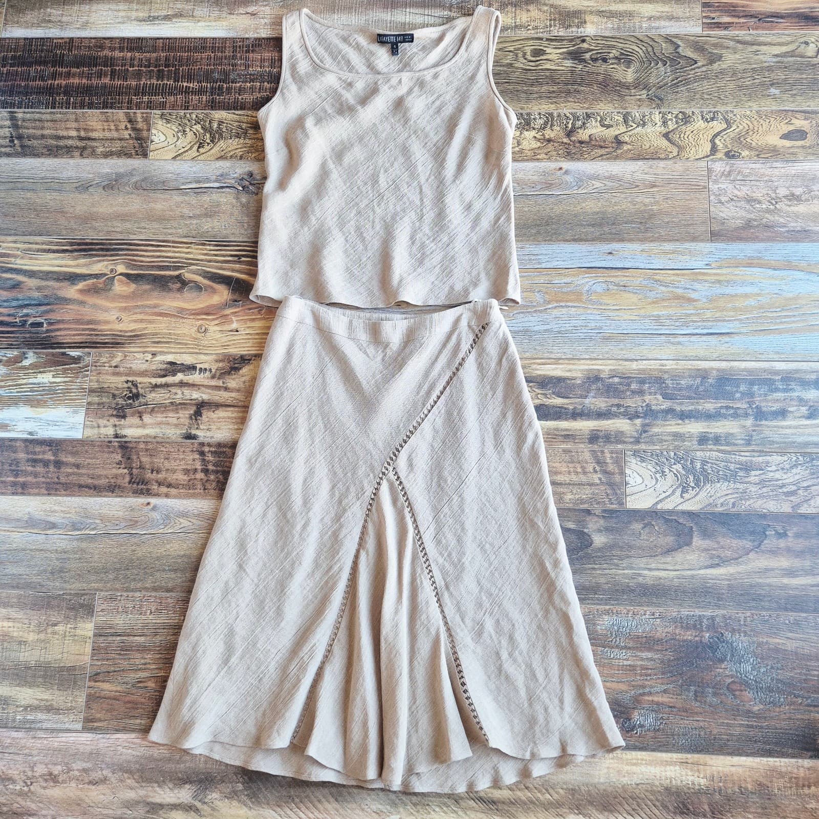 Vintage Lafayette 148 New York Set of Linen Tank Top A-Line Skirt Natural Sz.4 - Thumbnail 2